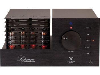 Rørforstærker hi-fi Synthesis Soprano alu sort, frontpanel, top, bagside, synlige rør, forgyldte stik