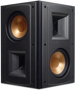 Sorte Klipsch RF-82B gulvhøjtalere, set forfra, to runde, forgyldte højttalere pr. højttaler, rektangulært kabinet