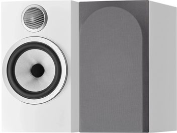Diffusore da scaffale Bowers & Wilkins 706 S3 bianco satinato, vista frontale, tweeter circolare in alto, altoparlante medio in basso, griglia grigia a destra