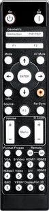 Sort Optoma UHZ65LV fjernbetjening med knapper til at styre en videoprojektor, set forfra