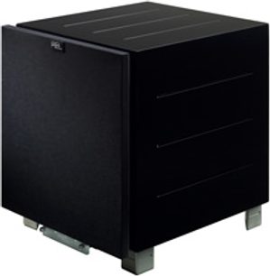 Sortbejset lakeret kubisk subwoofer fra Rel, model R505, med blank sort front, metalrist og aluminiumsfødder