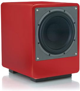 Rød Tangent Clarity subwoofer, sort højttaler, grå gitter, sort base, set forfra