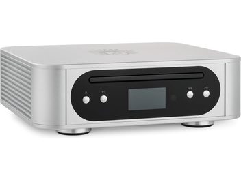 Stříbrný CD přehrávač Block Éléments CD s černým čelním panelem, štěrbinou pro vkládání disků, centrálním displejem a kulatými tlačítky