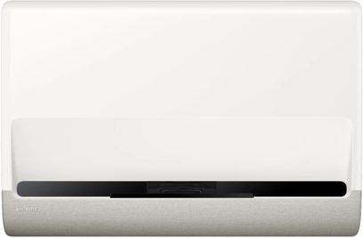Samsung The Premiere SP-LPU7D, set forfra, hvid overflade, sort vandret bånd, grå tekstureret base