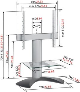 Teknisk diagram med dimensioner af en drejelig og vippelig vægbeslag til fladskærm Vogel's EFF 1140 i glas og metal