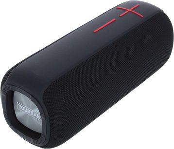 Bluetooth-højttaler Yourban GETONE 48 BLACK, cylindrisk form, sort stof, røde knapper i kryds, perspektivvisning