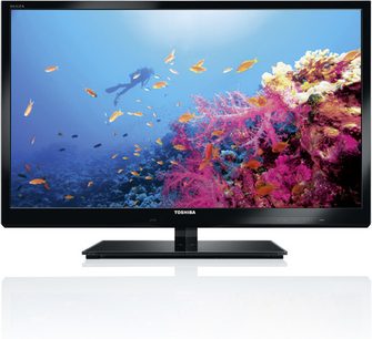 Televizor Toshiba 32SL833 zobrazující podmořský barevný obraz s růžovými korály a žlutými rybami