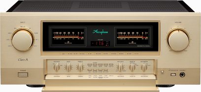 Integrerad stereo hi-fi-förstärkare Accuphase E-700, framsida, gyllene finish, 2 stora runda knappar, 2 digitala skärmar