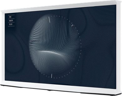 Samsung The Serif QE65LS01BA 2022 hvid TV, frontvisning, skærm der viser mørkeblå bølgede linjer
