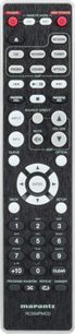 Black Marantz RC004PMCD remote control with white buttons and inscriptions to control various audio functions