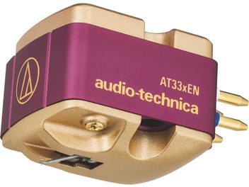 Κεφαλή phono Audio-Technica AT33xEN, μεταλλικό σώμα σε ματζέντα και χρυσό, τρισήμιση όψη, με χρυσή ακίδα και χρυσές ακροδέκτες