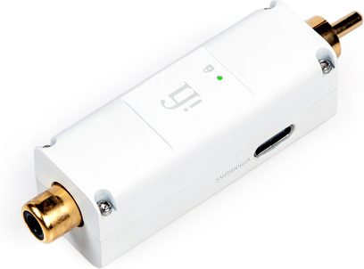 iFi Audio SPDIF iPurifier2 hvid lydtilbehør, forgyldte RCA-stik, set oppefra og fra siden