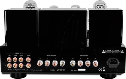 Line Magnetic LM-805IA sort hi-fi rørforstærker, frontvisning, 3 moduler med knapper og stik, 12 rør øverst
