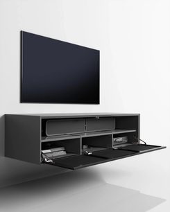 TV-møbel til væg Clic TV Series Model TV55" 2S antracitgrå, træ/MDF, klaplåger åbne, rum, 3/4 visning