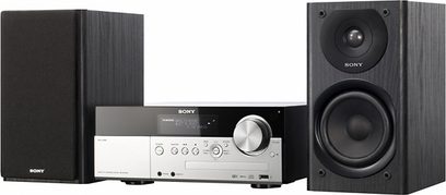 Mini-stereoanlæg Sony CMT-MX700I i sort bestående af en forstærker med CD-afspiller, to højttalere og en fjernbetjening