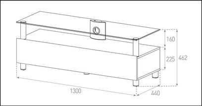Lavt, rektangulært TV-møbel i glas med 2 hylder, 1 skuffe og 1 niche, dimensioner i mm: L1300 x H225 x D462