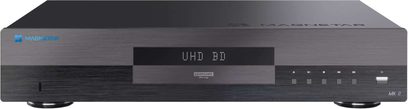 Player Blu-ray 4K Magnetar UDP800 MKII negru cu fațadă din aluminiu periat, vedere din față cu ecran central