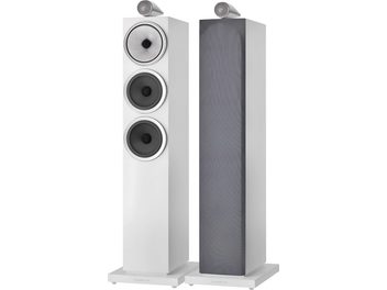 Pereche de boxe de podea Bowers & Wilkins 703 S3 alb satinat, una fără grilă și una cu grilă