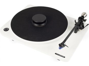 Giradischi Auris Audio Mystik bianco con piatto nero e braccio di lettura nero visto dall'alto tre
