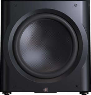 Perlisten D15s subwoofer, set forfra, sort kvadratisk kabinet, cirkulær central højttaler, tekstureret overflade