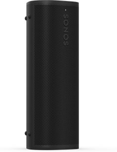 Sistem audio Bluetooth Sonos Roam 2 negru, vedere din față, grilaj perforat negru, butoane laterale negre, logo Sonos vertical vertical