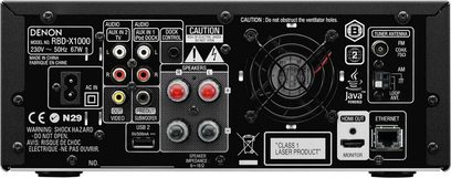 Denon RBD-X1000 sort audio/video-forstærker, frontpanel, frontvisning med knapper, stik og displayskærm