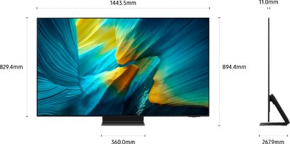Samsung TQ65S95F tv in zwart met ultradunne metalen rand, vooraanzicht en rechterzijaanzicht, extra dun 65-inch paneel van 11 mm op een rechthoekige zwarte centrale voet