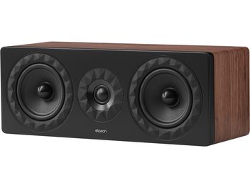 Cassa centrale Elipson Prestige Facet II 11C noce, vista di tre quarti anteriore destra, cabinet in legno finitura noce e frontale nero opaco con due altoparlanti mid-woofer laterali incorniciati da motivi triangolari e un tweeter circolare centrale