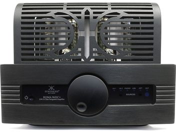 Synthesis Roma 96DC+ integrated tube hi-fi amplifier in black, aluminum front panel, grille, exposed tubes, controls