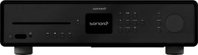 Sonoro Maestro matte black all-in-one hi-fi system, front view with central display and rotary controls