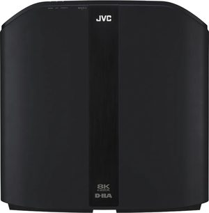 JVC DLA-NZ800 -videoprojektori, musta, ylhäältä katsottuna, pystysuora suorakaiteen muotoinen, valkoinen "JVC"-logo edessä