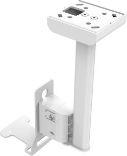 White ceiling speaker mount, front and side view, with wall mount and swiveling speaker bracket