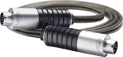 Analogový audio kabel DIN Naim Audio Super Lumina, šedý opletený plášť, detail stříbrných a černých kovových konektorů