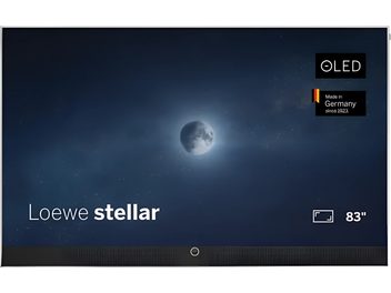 Loewe stellar televisie 83 inch vooraanzicht, zwart scherm met dunne rand met maanbeeld en OLED-logo