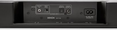 Denon DHT-T100 soundbar set forfra med analoge, digitale, optiske og koaksiale tilslutninger samt TV-indgang