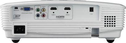 Optoma HD20 hvid videoprojektor, set forfra, med HDMI-, VGA-, composite video-, USB-port og strømstik