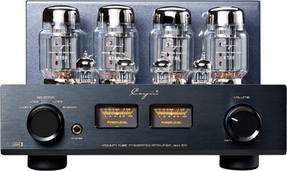 Integrovaný stereo lampový zesilovač Cayin Jazz 80 KT88 černý, kovové kartáčované pouzdro, pohled zepředu, přední panel s dvěma velkými černými knoflíky, dvěma retro osvětlenými VU-měry v oranžové barvě a osmi viditelnými lampami