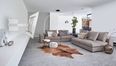 Moderne woonkamer met grijze hoekbank, decoratieve kussens, koeienhuidkleed, ronde salontafels, wandrek en groene plant