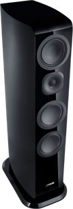 Canton Vento 81 floorstanding speaker in glossy black, three-quarter view, with four front-facing drivers