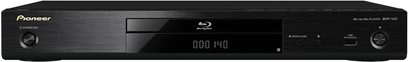 Pioneer BDP-140 Blu-ray-afspiller, set forfra, sort farve, blå LED-display "000 140", USB- og HDMI-porte