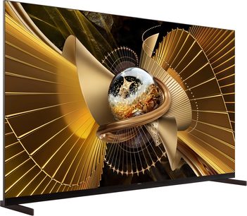 Televizor TCL 75X11L 2026 s tenkými rámečky a bočními nožkami, čelní pohled v mírném úhlu, abstraktní zlatý vizuál