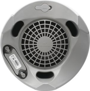 Grå Soundcast Outcast Junior højttaler, set nedefra, cirkulær sort gitter, centralt logo, DC 12V strømknap