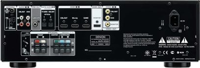 Denon AVR-X500 sort hjemmebiografsforstærker, bagside, audio/video-tilslutninger, højttalere, antenne, HDMI, nærbillede
