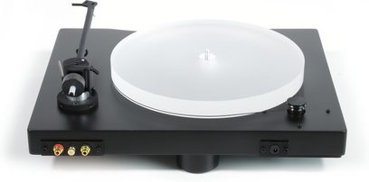 New Horizon 301 sort pladespiller, set oppefra, hvid plade, sort tonarm, knapper og stik på bagsiden