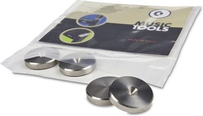 Patru piciorușe MusicTools Floor Saver de 20 mm din oțel inoxidabil, vedere de sus pe ambalajul de carton alb