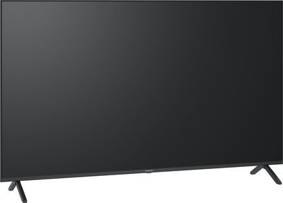 Televizor Panasonic TV-65W90AEG s vysokým rozlišením, černý plochý displej, pohled ze tří čtvrtin, černé kovové nohy
