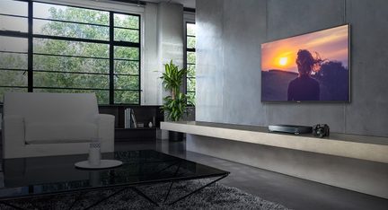 Modern living room with large TV screen displaying a sunset, white sofa, floor-to-ceiling windows, and green plant