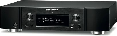 Marantz NA6005 sort netværksaudioafspiller, frontvisning, LCD-display, kontrolknapper og -hjul, USB-porte og hovedtelefonstik på forsiden