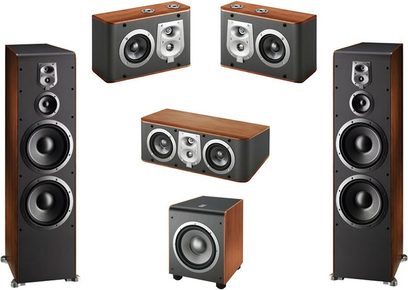 Set di altoparlanti home cinema 5.0 JBL ES100, 2 colonne, 1 centrale, 2 librerie, finitura in legno scuro e tessuto nero