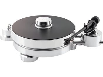 Hi-fi gramofon Transrotor Max RB330, pogled s treh četrtin spredaj, ohišje iz cilindričnega aluminija z ogledalno polirano površino, mat črn krožnik, srebrna rebrasta utež na sredini in črn cevasti tonarm nameščen na desnem stranskem nosilcu